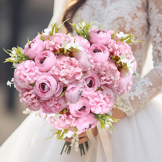 Zerzsy Artificial Flowers Bouquets, Mixed Pink Artificial Peonies, Fake Flower Bride Holding Flowers Faux Floral for Home Wedding Spring Decor