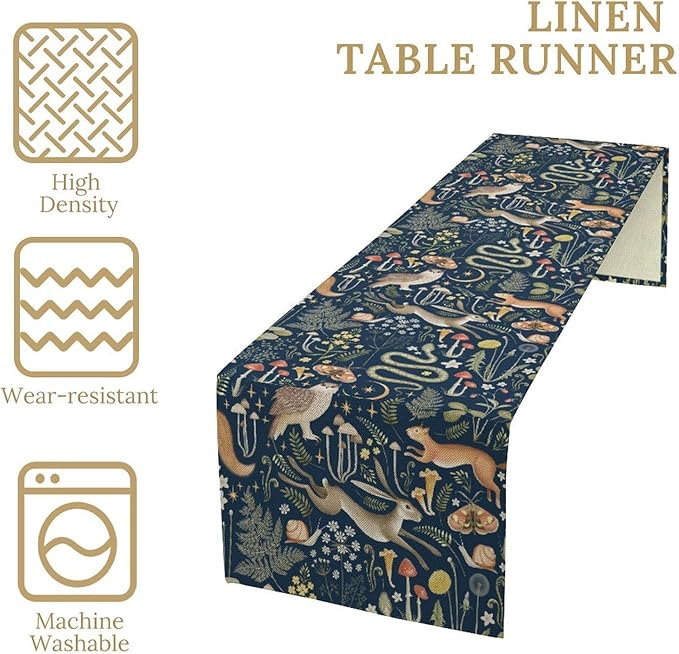 Fairy Forest Table Runner, Rustic Retro Woodland Wildlife Owl Squirrel Flowers Mushroom Seasonal Holiday Kitchen Dining Coffee Table Decoration For Home Indoor Outdoor Party Wedding, 13x108inch