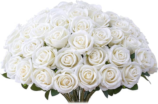30 PCS Fake White Roses, Artificial White Flowers Bulk Realistic Silk Faux Roses with Stems for Wedding Decorations Table Centerpieces Bridal Bouquet DIY Floral Arrangement Event Party Home Decor