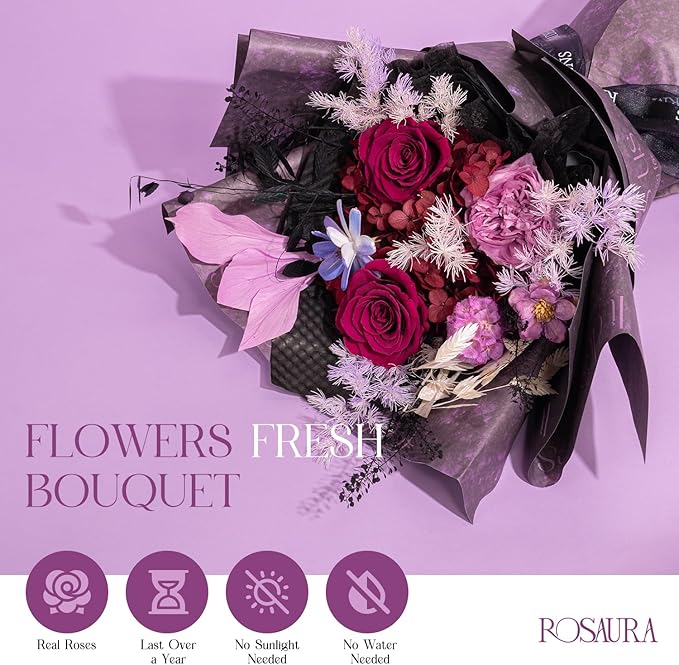 Rosaura Preserved Flowers Bouquets, Natural Real Roses for Delivery Prime, Forever Rose Bouquets Valentine's Day, Mother's Day, Christmas, Birthday Gifts-Dark Purple (with vase)