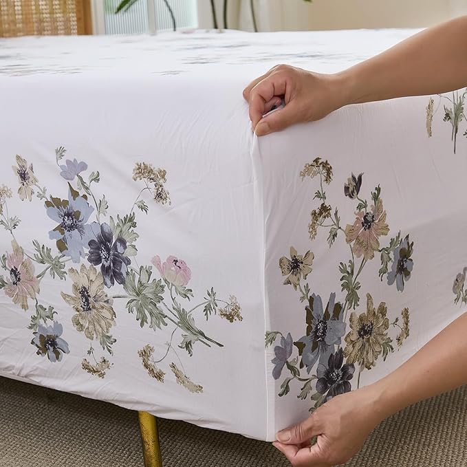 100% Cotton Sheet Set King Size – 4-Piece Vintage Floral Chic Bedding Set, Soft Breathable Percale Weave, Deep Pocket Fitted Sheet 17.5", Crisp Cool Feel, Refined Botanical Elegance