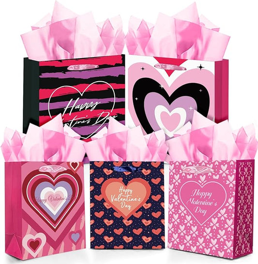 qiqee Valentine 5PCS Gift Bag with Tissue Paper Assorted Size Present Wrap Bags For Lover (3 PCS Medium Size+2 PCS Large Size)