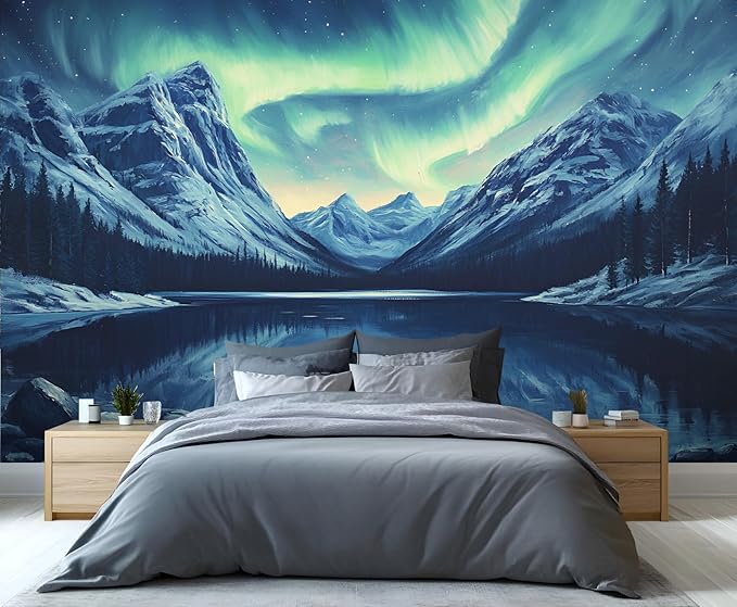 Northern Lights Mountain Wall Mural, Aurora Borealis Lake 3D Wall Murals, Snowy Peaks Starry Sky Wallpaper Mural, for Living Room Bedroom Large Wallpaper Indoor Decor 137.8" W x100 H
