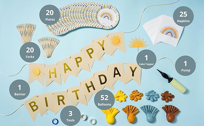 Sun Birthday Decorations – Sunshine Birthday Decorations Include Sun Rainbow Balloon Arch Kit, Pump, Cake Topper, Paper Plates, Napkins, Bamboo Forks, and Banner – Boho Party Decor, Serves 20 People
