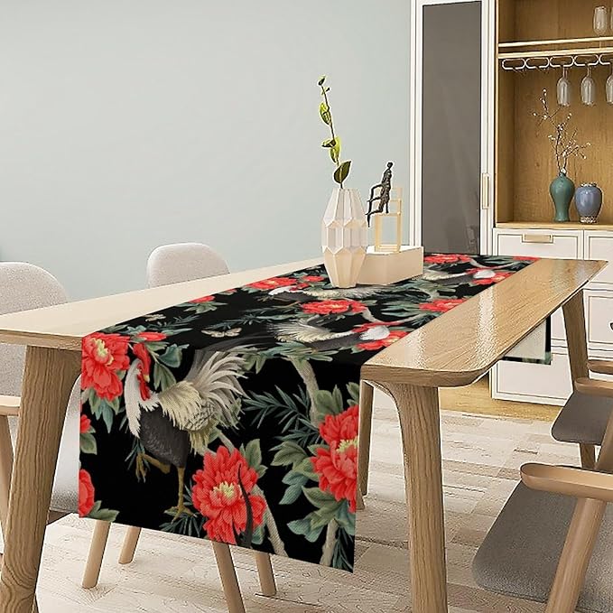 Rooster Floral Table Runner Vintage Farm Chicken Peonies Flower Dinner Runner for Country Farmhouse Home Kitchen Dinner Table Holiday Party Decoration 13x70in