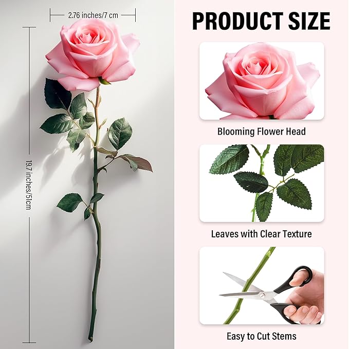 20PCS Artificial Roses with Long Stems - Realistic Silk Flowers, Fake Roses Real Touch Bouquet Roses for Home Decor, Bridal Wedding Table Centerpieces, Faux Rose Flowers (Hot Pink&Pink)
