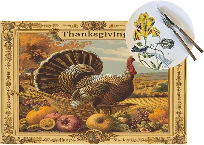 PVC Placemats Set of 1 Wipeable Table Mats Washable Heat Resistant Non Slip Vinyl Dining Table Mat for Kitchen Indoor Outdoor Patio Farmhouse Place Mats Retro Turkey Thanksgiving Decorative