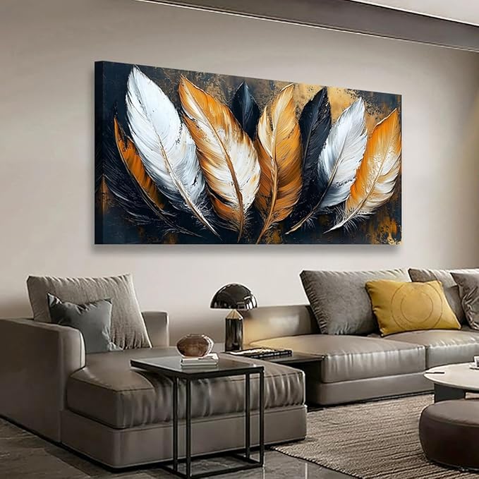 Abstraction Pictures Canvas Wall Art for Living room Office Bedroom Wall Decor,Feather Wall Art Print Paintings Modern Autumn White Yellow Feather Artwork Waterproof Ready to Hang-20x40inch