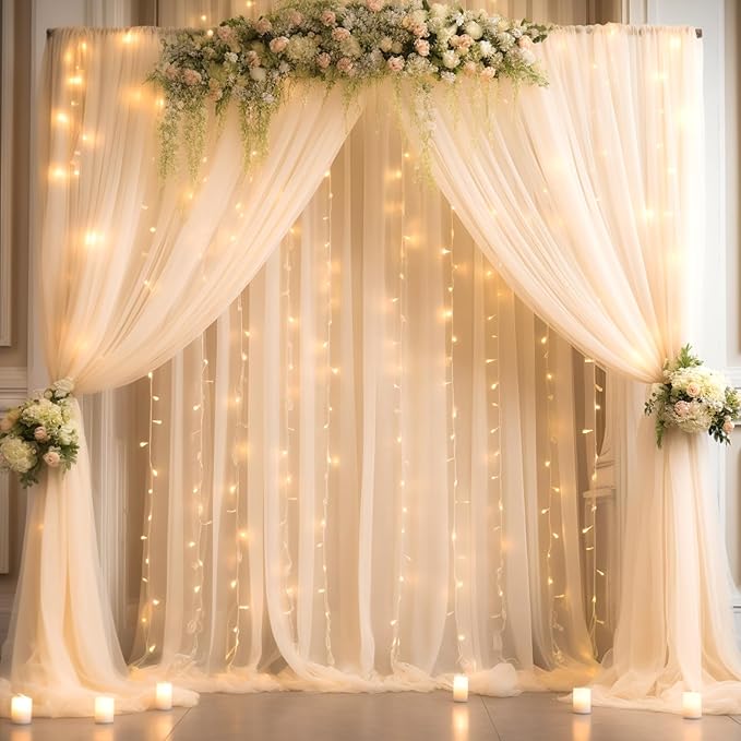 30x8ft Champagne Tulle Backdrop Curtain with Lights String for Parites, Sheer Backdrop Curtains for Wedding Baby Shower Birthday Party Photo Shoot Decorations