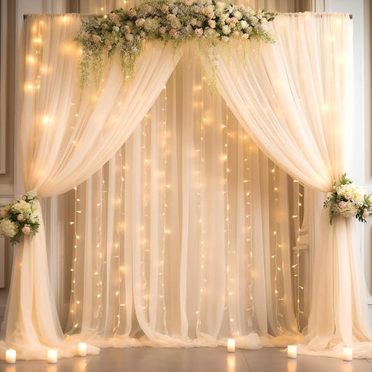 30x10ft Champagne Tulle Backdrop Curtain with Lights String for Parites, Sheer Backdrop Curtains for Wedding Baby Shower Birthday Party Photo Shoot Decorations