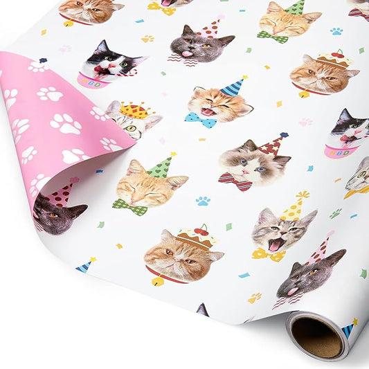 WERNNSAI Cat Wrapping Paper - 1 Roll 17” x 16.4 ft Cute Cat Birthday Wrapping Paper Reversible Kitten Gift Wrap for Birthday Present Packing Decoration with Paw Prints Design