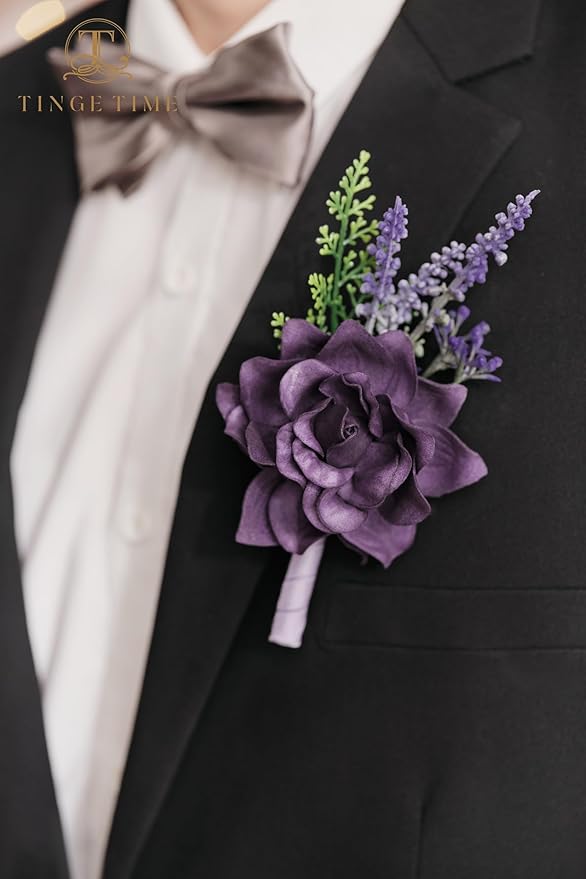 TINGE TIME Boutonniere for Men Wedding - 10pcs Purple Groom & Groomsmen Boutonnieres Set for Wedding Ceremony, Anniversary, Prom, Formal Dinner, Rustic Spring Wedding(Lavender & Plum)