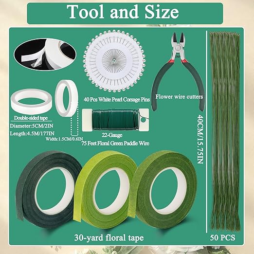 Floral Tape and Floral Wire Boutonniere Kit with Green Floral Tape, 22 Gauge Paddle Wire, 26 Gauge Stem, Wire Cutter for Corsage Boutonniere Supplies