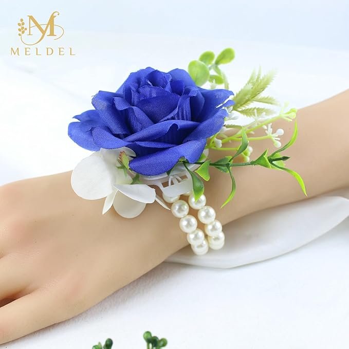 Meldel Boutonniere and Wrist Corsage for Wedding, Set of 2, Pearls Wristlet Corsage for Bride Bridesmaids, Boutonniere for Man Groom Best Man Wedding Flower Accessories Prom Ceremony Party Suit Decor