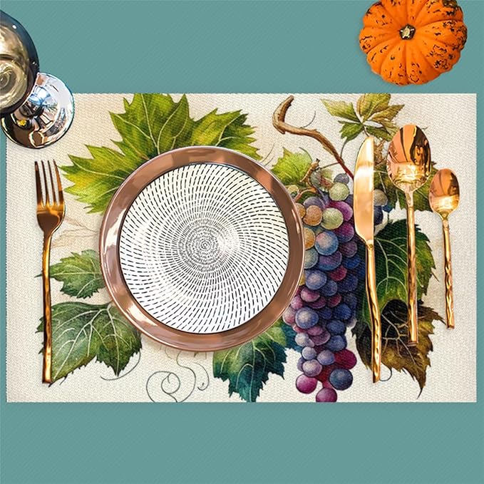 Fruit Grapes Purple Abstract Placemats Set of 6 PVC Vinyl Non Slip Table Mats Waterproof Heat Resistant Place Mats Washable Wipeable Dining Table Mat for Kitchen Party Indoor Outdoor Decorative