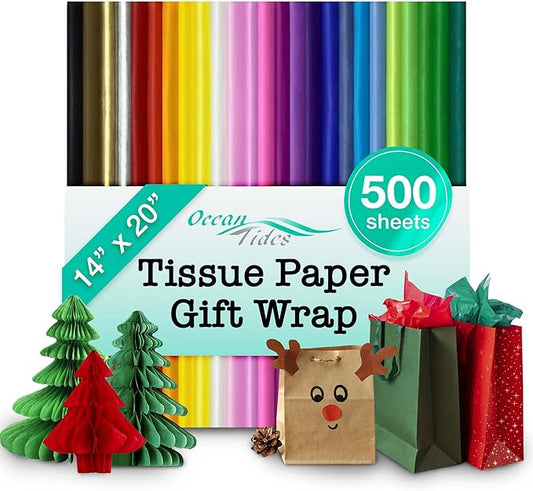 Ocean Tides 500 Sheets (14 x 20 Inches) Christmas Wrapping Paper – Gift Wrapping Tissue Paper Bulk for Crafts, Birthdays, & Holidays – Colored Tissue Papers for Gift Bags & Decorations, Assorted