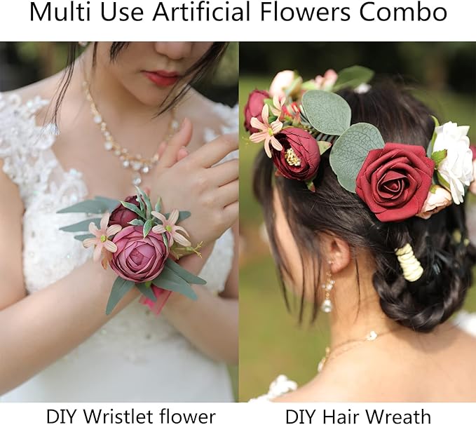 YYHUAWU Artificial Flowers Combo Set Fake Flower Leaf Box with Stems for DIY Wedding Bouquets Centerpieces Flower Arrangements Decorations Baby Shower Party Home Decorations (Burgundy)