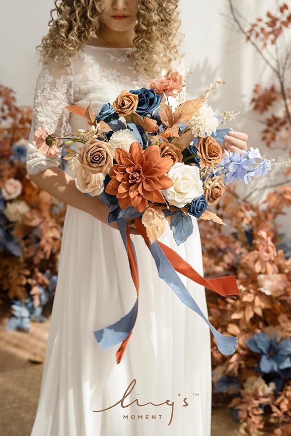 Ling's moment Blue and Orange Wedding Bouquets for Bride, Navy Orange Bridal Bouquets for Bride, 13 Inch Free Form Artificial Wedding Flowers Bouquets