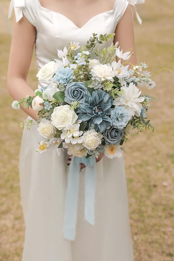 Artificial Flowers Combo Box Set Gradient Color Flower Leaf with Stems for DIY Wedding Bouquets Centerpieces Baby Shower Party Home Decor (Blue & White)