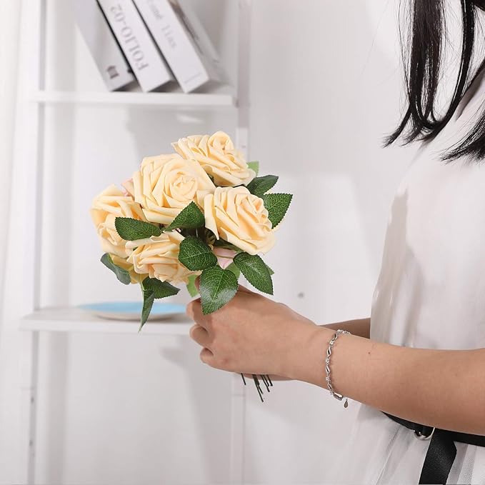 Artificial Flowers Roses 50pcs Champagne Roses Wedding Bouquets Real Looking Foam Fake Roses with Stems for DIY Bridal Shower Centerpieces Arrangements Party Tables Decorations