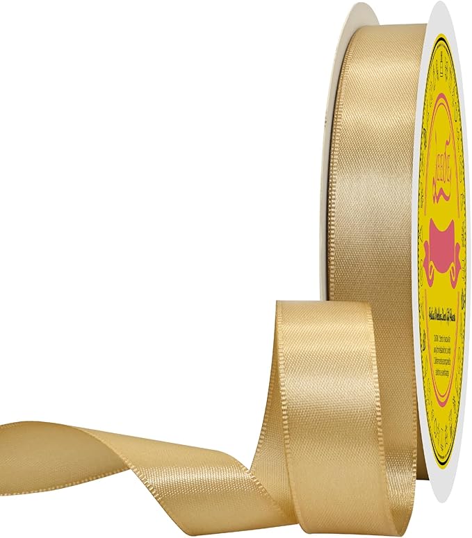 Double Face Gold Satin Ribbon 5/8 inch X 50 Yards Polyester Gold Ribbon for Gift Wrapping Very Suitable for Weddings Party Hair Bow Invitation Decorations and More