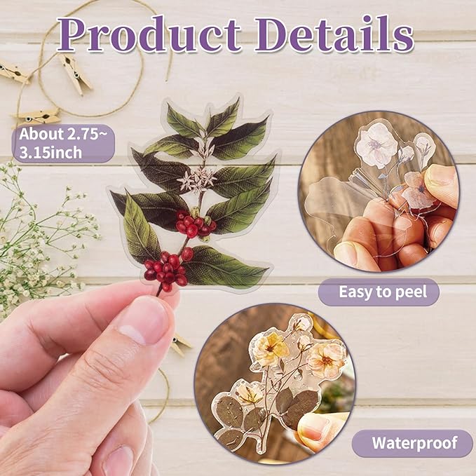 Natural PET Flower Stickers for Scrapbooking - Vintage Nature Plant Craft Decals, Colorful Small Floral for Journaling (Style B)