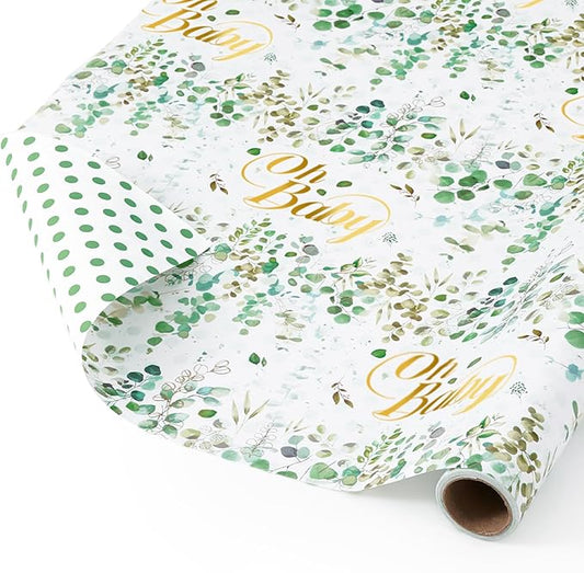 WERNNSAI Green Sage Wrapping Paper - 1 Roll 17”x 16.4 ft Baby Shower Wrapping Paper Green Flower Gift Packing Supply Wedding Bridal Shower Wrap Decor Favor for Baby Girls Birthday Festival Party