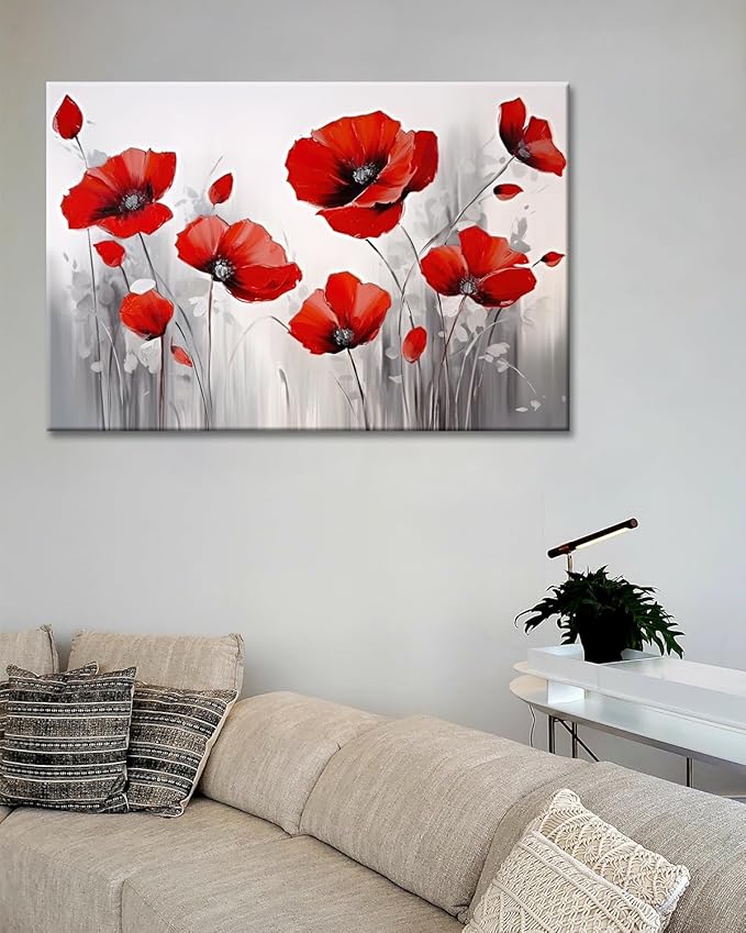 GLOKAK Red Poppies Wall Art - Modern Floral Red Poppy Flower on Grey Background Painting - Poster Canvas Print Artwork for Home, Bathroom, Bedroom Decoration (18"x12")