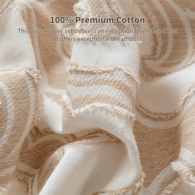 Cotton Floral Clipped Jacquard Duvet Cover King Size Bedding Set, Soft Textured Comfy Breathable Jacquard Comforter Duvet Cover with 2 Pillow Shams, Button Closure&Corner Ties, Khaki Color