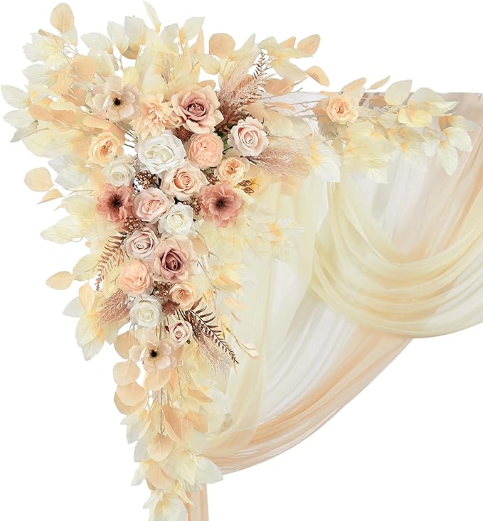 Wedding Arch Flowers Kit Pack of 5,2pcs Boho Artificial Floral Swag Arrangement and 3pcs Fabric Drap for Wedding Flower Arch Decor Ceremony Arbor Reception (Beige)