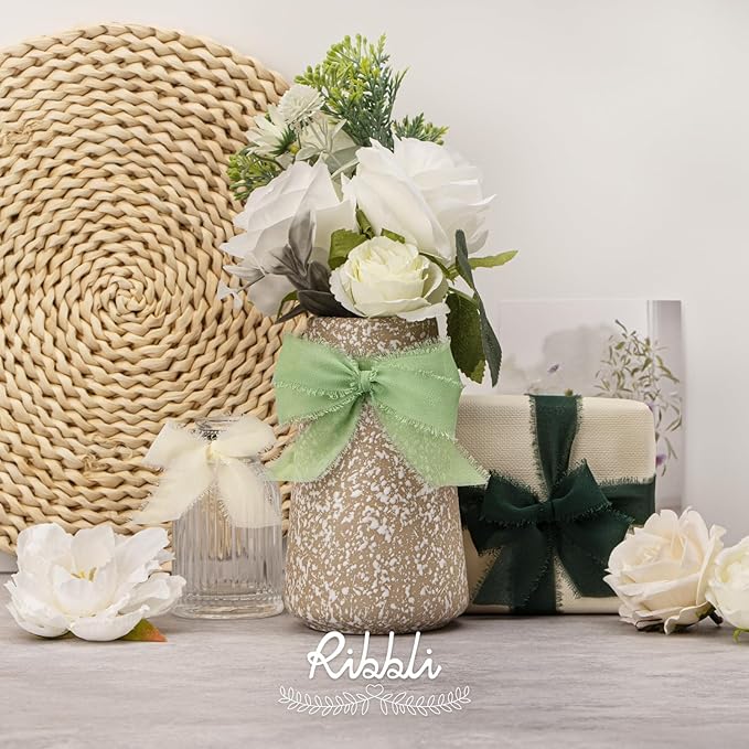 Ribbli Green Ribbon 1 Inch x 3 Rolls Total 24 Yards Ivory/Sage/Forest Green Handmade Fringe Chiffon Silk Ribbon for Wrapping Wedding Invitations Bridal Bouquets DIY Crafts Home Decor