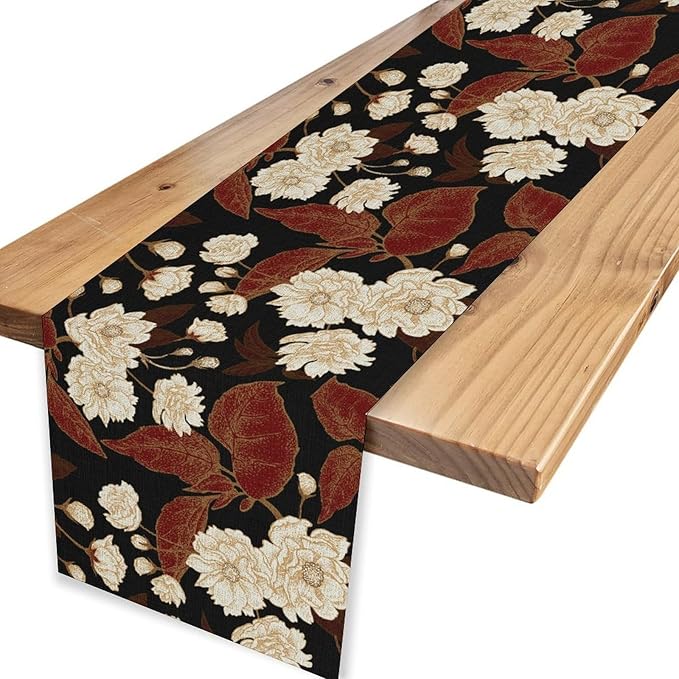 Boho Floral Table Runner, Black White Minimalist Vintage Rustic Flower Botanical Leaf Print Table Center Decor for Family Kitchen Table Decorations Indoor Outdoor 13x108 inch