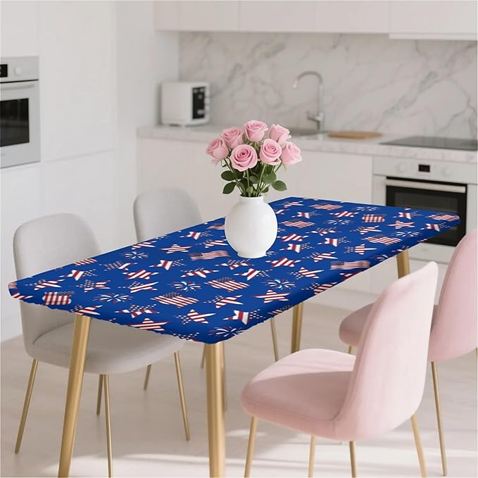 Rectangle Table Cloth Cover Waterproof Elastic Fitted Polyester Fitted Tablecloths for 6 Foot Tables for Indoor,Picnic, Camping, Outdoor （72" x 30"，American Flag）