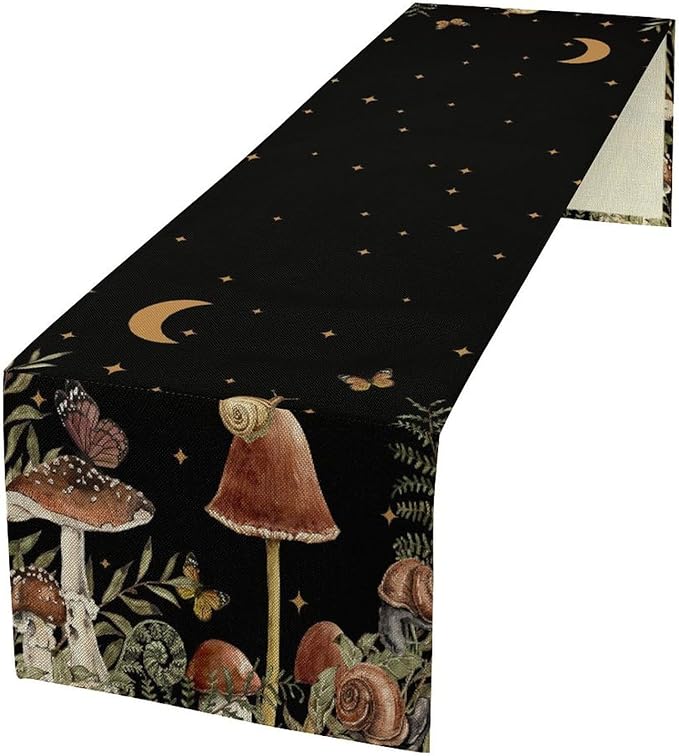Retro Mushroom Table Runner, Boho Night Plants Leaves Moon Star Botanical Snail Butterfly Print Table Runner for Home Kitchen Dining Table Decor, 13x120inch