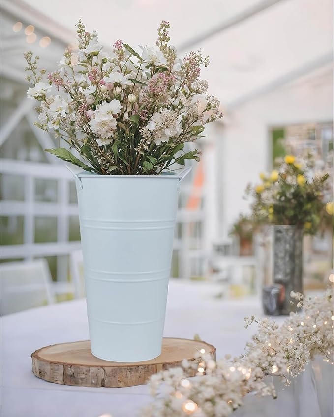 12 Inch Galvanized Metal Vases for Flowers - 2 Pcs Farmhouse Decorative Tall Flower Bucket with Handles, Rustic French Tin Planter Buckets for Wedding Decor (Pure White)