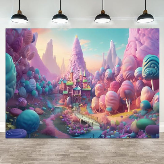12x6ft Candyland Backdrop Fantasy Candy Castle Photography Background Sweet Lollipop Dream Blue Sky Cartoon Kids Birthday Banner Decorations Baby Shower Newborn Portrait Photo Booth Prop