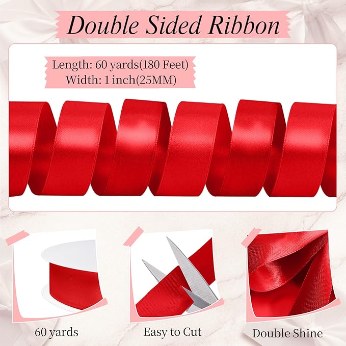 Red Ribbon 1 inch 60 Yards Double Faced Red Satin Christmas Ribbon for Crafts Gift Wrapping Hair Bows Wedding Invitation Party Christmas Decorations
