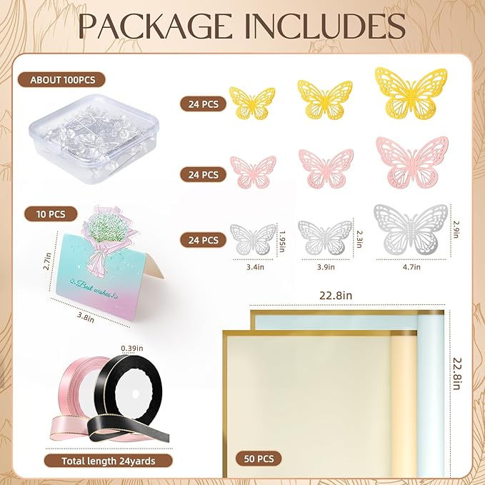 REAXYZNN 235 Pcs Bouquet Wrapping Paper Mother's Day Waterproof Flower Wrapping Paper, Florist Supplies with Pins Butterflies Ribbons Cards for DIY Packaging Bouquet(10 Colors)