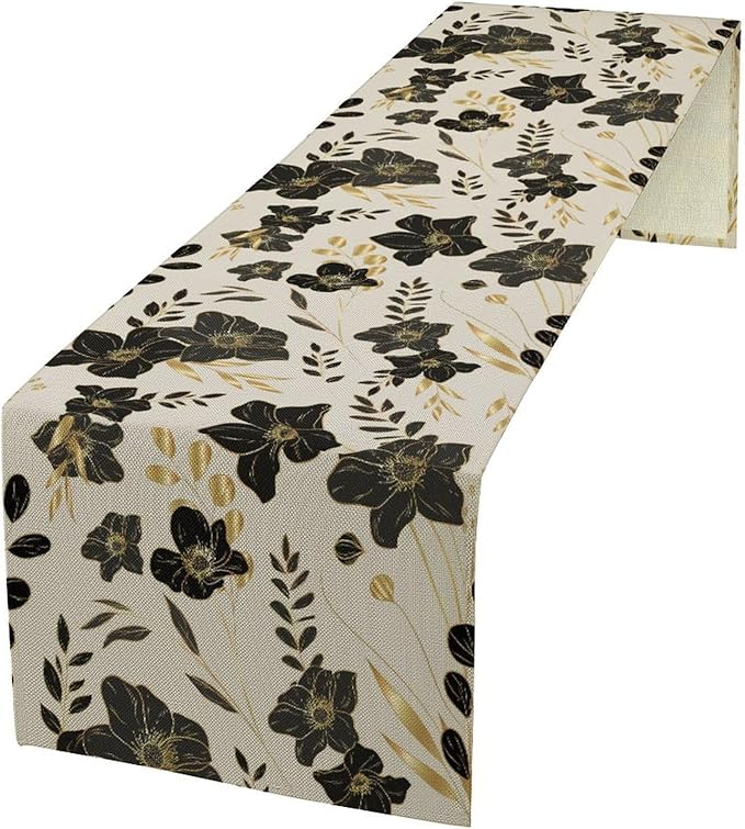 Black Gold Floral Table Runner, Mordern Minimalist Luxury Golden Floral Leaves Print Table Runner for Indoor Outdoor Home Decor Party Decor, 13x36inch