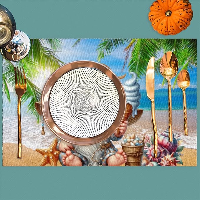 PVC Placemats Set of 4 Summer Gnomes Cute Wipeable Table Mats Washable Heat Resistant Non Slip Vinyl Dining Table Mat for Kithen Indoor Outdoor Patio Farmhouse Place Mats Decorative