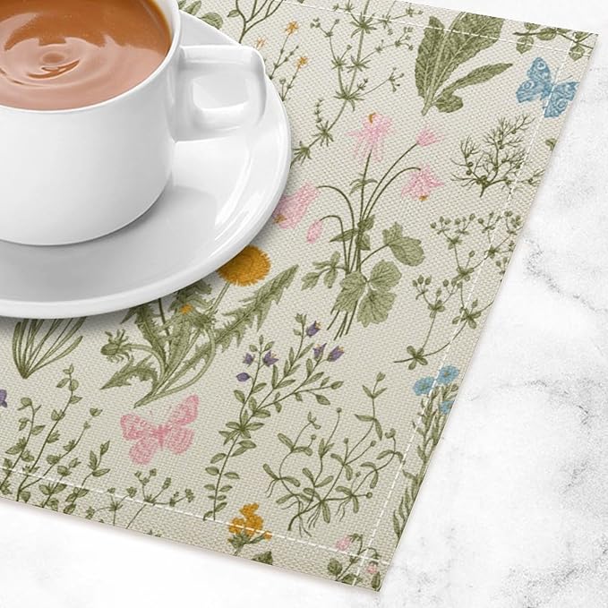 Botanical Placemats Set of 6, 17x12 Inch Butterfly Green Leaf Colorful Wildflower Vintage Rustic Style Table Mats for Home Party Kitchen Dining Decor