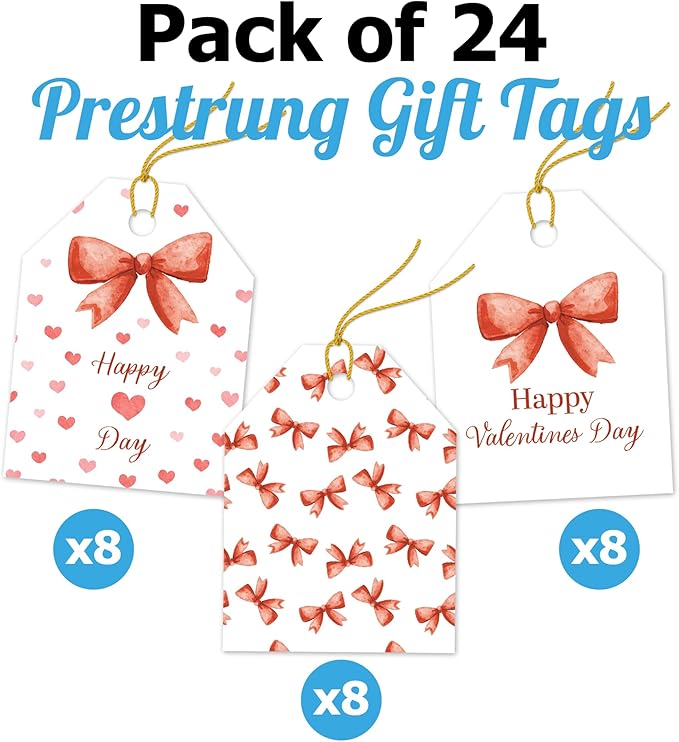 Pro Supply Global 24 Count of 2.5 Inch x 3 Inch Pre Strung Bows Valentine's Day Gift Tag Assorted Printed Designs on Large Cardstock Gift Hang Tags - Ideal to Use on Bags