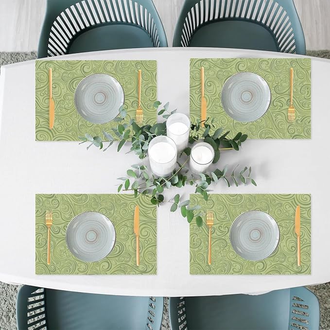 PVC Placemats Set of 4 Sage Green Abstract Art Wipeable Table Mats Washable Heat Resistant Non Slip Vinyl Dining Table Mat for Kithen Indoor Outdoor Patio Farmhouse Place Mats Decorative