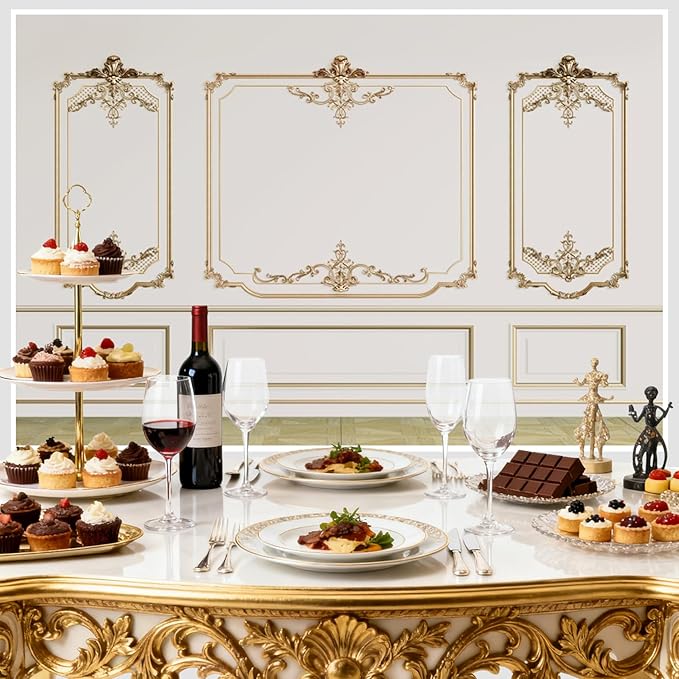 AOFOTO Vintage Room Inside Backdrop Modern French Classic Frame White Walls Gold Embossed Floral Photo Background Wedding Bridal Shower Reception Drama Portrait Photoshoot Backdrop Props 9x6ft