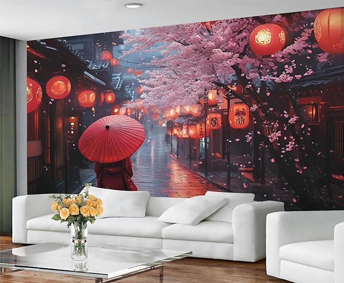Japanese Street Wall Mural, Cherry Blossom Lantern Scene 3D Wall Murals, Romantic Rainy Evening Japan Wallpaper Mural, for Living Room Bedroom Large Wallpaper Indoor Decor 197" W x124.8 H