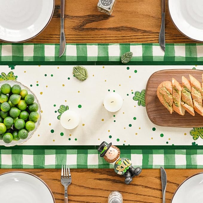 Artoid Mode Shamrock Lucky Buffalo Plaid Gnomes St. Patrick's Day Table Runner, Kitchen Dining Table Decor for Outdoor Home Party Decor 13 x 36 Inch
