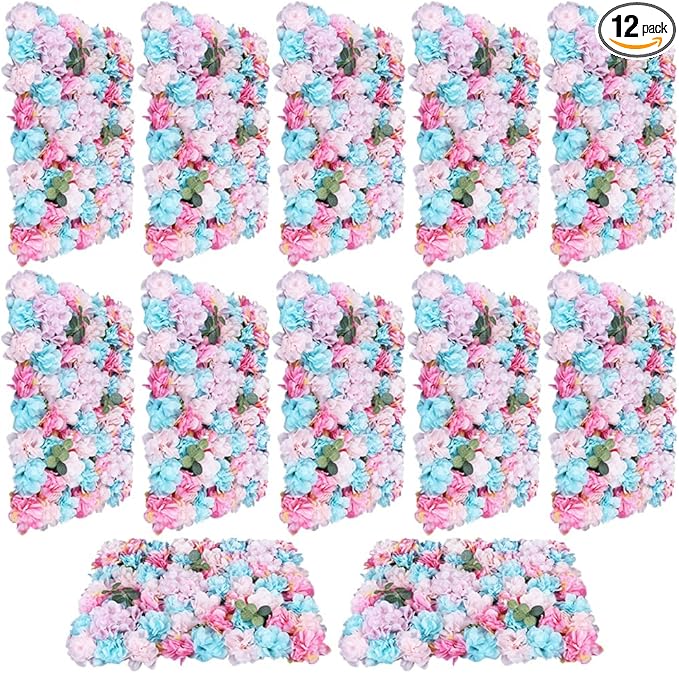 12PCS Flower Wall Panels, 3D Silk Floral Wall Backdrop, Realistic Blue Pink Eucalyptus and Dahlias Flower Backplanes, Roll Up Fake Flower Background for Valentines Wedding Party Home Decoration
