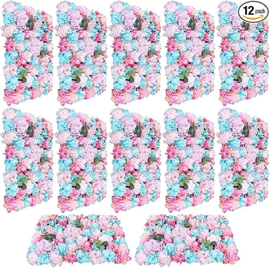 12PCS Flower Wall Panels, 3D Silk Floral Wall Backdrop, Realistic Blue Pink Eucalyptus and Dahlias Flower Backplanes, Roll Up Fake Flower Background for Valentines Wedding Party Home Decoration