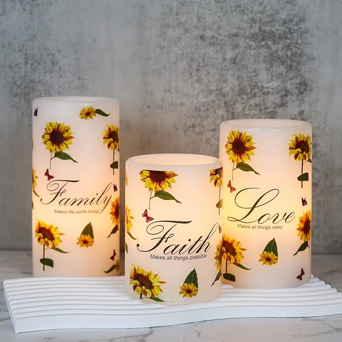 DRomance Sunflower Flameless Flickering Candles with 6H Timer, Set of 3 Battery Operated White Real Wax LED Pillar Candles Party Dinner Holiday Decor(3 x 4,5,6 Inches)