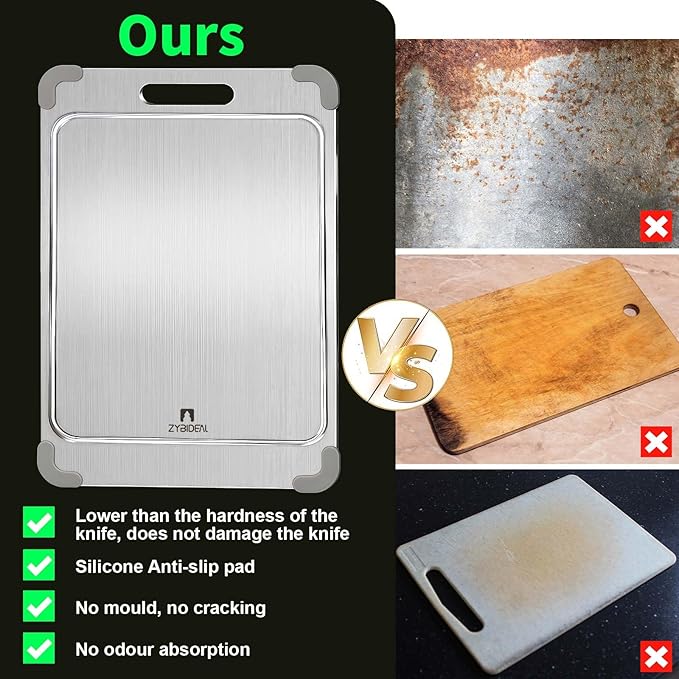 100% Pure Titanium Cutting Board with Grooves, Update Double Side Titanium Chopping Board, Silicone Anti-slip Stainless Cutting Boards for Kitchen 11 * 15 IN, Grey